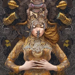Sango fantasy, fantasy magic, intricate, sharp focus, illustration, highly detailed, digital painting, concept art, matte, art germ and Paul Lewin and Kehinde Wiley, masterpiece silver elephant head bronze Buddha Asian African girl nice breast Hawaiian hair turquoise golden waves