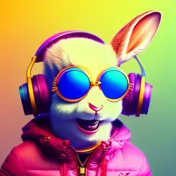 pixar style anamorphic cute smiling baby rabbit, smiling, cyberpunk headphone, sunglass, gangsta gold necklaces, full body, magenta puffer jacket, manila city background, dramatic lighting, hyper realistic, unreal engine 5, 16k