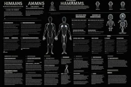 infographic made by aliens about humans beings, black background, big text