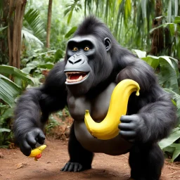 [1960’s stop-motion animation style: she takes the banana in her mouth] a 70s banana advertisement video TV featuring the hungry jungle woman. her male gorilla brings her a big banana to eat in her mouth to satisfy her appetite, she eats the banana slowly as a claymation character toy from a claymation horror movie in burning rainbow land, from hell, creepy Videos, eyeballs and jungle fruits everywhere , as old advertisement shot on video VHS