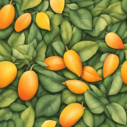 A background with colors of mango and its leaves and some light orange