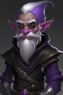 dnd androginous male gnome with dark grey skin, purple eyes, white hair, black clothing