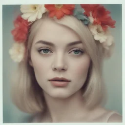 1960s Polaroid head shot of a stunning young platinum straight haired woman,with freckles on her face, hair adorned with big flowers, red cheeks and nose