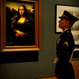 Mona Lisa comes out of the picture and kisses a young navy officer who is standing in the museum looking at her picture