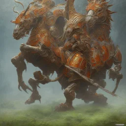 angry horse in orange and blue battle armor, bucking, a highly detailed illustration, background of Inka jungle, realistic render, 8 k, micro detail, intricate, elegant, centered, digital painting, Artstation, smooth, sharp focus, illustration, artgerm, tomasz alen kopera, peter mohrbacher, donato giancola, joseph christian leyendecker, wlop, boris vallejo