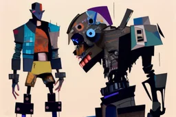 whimsical arafed nonsense, patchwork vibe, (((side view))) two arafed cyberlords fighting each other in a rainy whimsical downtown street with extreme body action and with (((exaggerated body parts))), (((oversize head))), sharp color contrasts, amazing shadows, (((exaggerated limbs and head))), minimal cozy, warm palette, bright bold warm summer colors with yellow orange black colors, color leak, heavily distorted views, amazing parallels, extreme urban decay