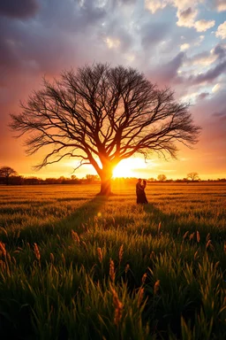 The Green Grass field of gold sting song under a beautiful stormy sky and cloudy sky in the beautiful sunset .A big Tree with no leaves standing in the middle , a couple hugging each other in romantic theme under the tree