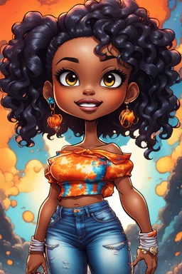 vibrant psychedelic comic book image, airbrush, 8k, cartoon art of a chibi curvy black female wearing torn jeans pants and a orange tie dye off the shoulder blouse. Prominent make up with lush lashes. Highly detailed sleek wavy ponytail