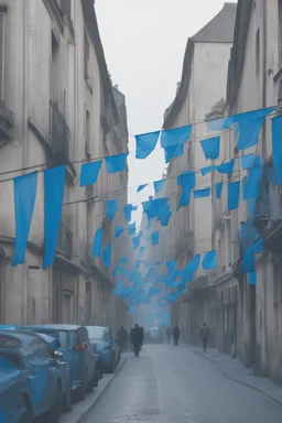 Dystopian French city with wmpty streets filled with blue flags