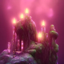 single pink crystal, on an altar in a foggy cave, cinematic,