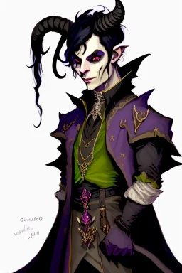 Young tiefling nobleman alchemist with black hair horns and large reptilian tail gothic jewelry and potion bottles in the style of Charles Addams