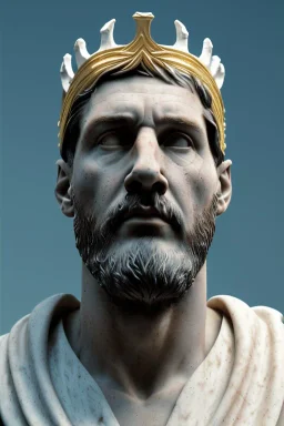 Ultra Realistic image, Roman sculpture, white marble material, Lionel Messi, gold crown of thorns, god crown, baroque ornaments, sun ornament, sun rays background, chisel style, waist up portrait, epic, celestial, cinematic lighting, God light, god rays, 4k resolution, smooth details, soft lighting, unreal engine 5, art station, substance 3d.