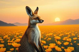 oil paint, kangaroo fox mother nature in A vast, tranquil landscape bathed in the golden glow of a spring sunset, with a sea of opium poppys stretching across sharp mountain hills under a soft, pastel-colored sky. The flowers sway gently in a soft breeze, creating a vibrant, dream-like ocean of yellow against the serene background. close up on a natural beauty face A solitary figure, perhaps a poet or dreamer, stands in awe at the beauty, their presence almost blending with the natural scene