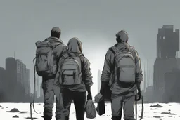 four persons, standing, silhouette, comic book,post-apocalypse, gray background, backpack,