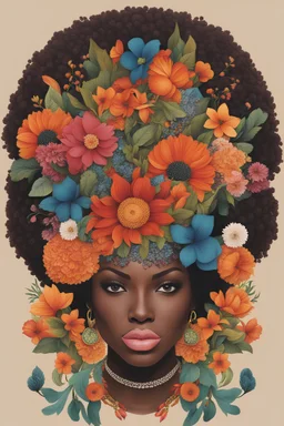 Illustrate a detailed and colorful floral arrangement shaped like an afro, incorporating elements of Black culture, such as vibrant patterns and symbols.