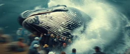 titanic humping whale, close up on scared people, collisions, aggression, ship hitting animals, animals interacting with vehicles, whales near boats, overlapping subjects, chaotic composition, distortion, surreal behavior, violence, confusion, merged objects, happiest whale ever