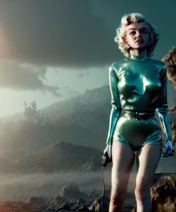 Ultra Realistic retro sci-fi 1960 scene, waist up view portrait, blonde woman, sweet young Marilyn Monroe face, perfect iris, tight latex coat, alien planet background, tight style, steel sphere dron levitating, fog, rain, soft color, highly detailed, unreal engine 5, ray tracing, RTX, lumen lighting, ultra detail, volumetric lighting, 3d, finely drawn, high definition, high resolution.