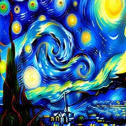 Dibujo al oleo de El camaleón pintado con muchas nubes de colores estilo Vincent van Gogh