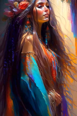 A stunningly beautiful bohemian enchantress with flowing locks of hair cascading like a waterfall down her back adorned in a captivating and vibrant traditional gypsy dress that exudes an air of mystery and allure, Highly detailed, Vivid colors, Warm lighting, Dreamlike, Magical, art by ruan jia and mandy jurgens and artgerm, Digital painting, Sharp focus, Portrait, Trending on Artstation HQ, fantasy.