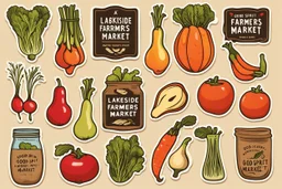 Stickers for a lakeside farmers' market "Good Spirit Market" in a national parks sticker style, featuring illustrations of fresh produce