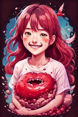 A detailed illustration Anime girl smiling crushed inside really darkred fleshy stomach filled with digestive juices, t-shirt design, in the style of Studio Ghibli, pastel tetradic colors, 3D vector art, cute and quirky, fantasy art, watercolor effect, bokeh, Adobe Illustrator, hand-drawn, digital painting, low-poly, soft lighting, bird's-eye view, isometric style, retro aesthetic, focused on the character, 4K resolution, photorealistic rendering, using Cinema 4D, vector logo, vector art,