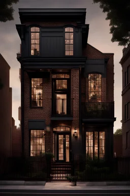 A stunningly detailed, award-winning image unveils a three-story Brooklyn-style home in all its glory. The picture showcases a marvelous combination of dark accents, black awnings and whitewashed brown brick that is beautifully complemented by incredible accent lighting, featuring a stunning interior and capturing the distinct charm of this architectural gem. With exquisite precision and realistic aesthetics, this photo-realistic artwork immerses viewers in the beauty of the home, every minute f