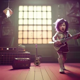 Origami, 3d render, Alice Cooper toddler, full body, guitar, dramatic lighting, volumetric lighting, music studio, background, hyper realistic, unreal engine 5, 8k, UHD,