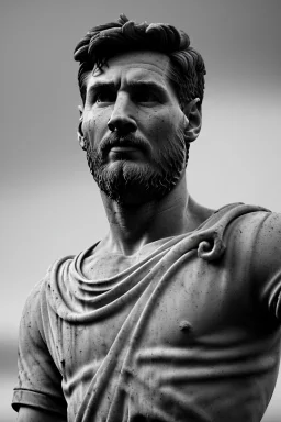 Ultra Realistic image, roman sculpture, deluxe white marble material, Lionel Messi, Renaissance style, miguel angel David style, chisel style, emperor, waist up portrait, epic, celestial, cinematic lighting, God light, god rays, 4k resolution, smooth details, ornate details, unreal engine 5, blue vibrant background.