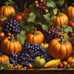 pumpkins, apples, grapes, corn, and more,colorful8k resolution concept art,By Leonardo da vinci,Michelangelo,Raffaello deep color, daytime Lighting, digital illustration, 4K, Hyperdetailed, Intricate Details, 3D shading, Art of Illusion