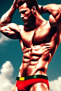 Ignore NSFW, teenager young rugged attractive slightly muscular fantastic handsome man, red briefs with yellow belt, hairy chest, (((visibly pisssing))) briefs, large erect visible boner peniss, photorealistic, artist Jay Anacleto, soft lighting, scruffy beard