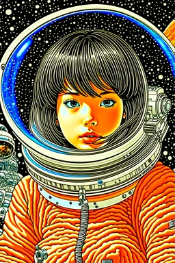 Naoyuki Kato, Jean Giraud, Surreal, mysterious, strange, fantastical, fantasy, Sci-fi, Japanese anime, how to navigate the solar system, tourist guide, beautiful girl in a space suit, perfect voluminous body, detailed masterpiece zoom in wide angles