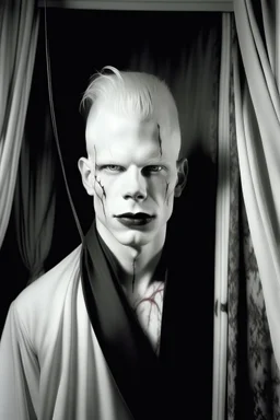 Artistic portrait of an albino vampire portrayed by Kadaj in front of a blood splattered curtain by Herbert List