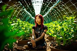 Unground solar punk tunnels, cinematic, extreme dof, dystopian, sci-fi, award-winning, Yui working hard in a garden, National Geographic, breath taking, oxygen farm but outside is a desert, fantasy, magical, geometry