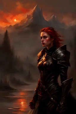 A formidable warrior girl in black armor, on the background Amazing gloomy landscape, flooded with sunset, mountains, trees, fabulous scary hero, , juicy emotions, painting, dark fantasy, gloomy day, dark world, portrait, by James Paick & Anna Razumovskaya