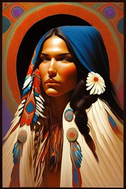 a beautiful native American woman in the foreground wrapped in a blanket as painted in the style of Thomas Blackshear