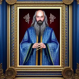 portrait painting of a wizard, ultra highly detailed, intricate details, shiny, pipe smoke, metallic, robes, embroidery, runes