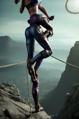 An action shot of a sexy looking zombie mountain climber, dramatic climb, an action shot, sexy crop top and tight leggings, climbing ropes,cinematic poster, cinematic lighting