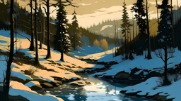 вечерняя природа, лес, река, тающий снег в стиле Карн Гриффитс