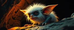 pen outline with some neon airbrush, glowing quickling gollum gremlin in the shadows with long fluffy white fur looking at awesome glowing cave painting, pin hole camera, in the style of Rembrandt