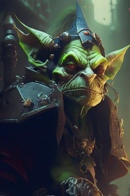 goblin judge in the style of warhammer, anime style, depth of field, nvidia graphics, lightrays, trending art, movie poster