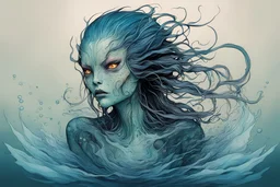 front facing full body illustration of a malevolent shape shifting female Funayurei water ghost with highly detailed facial features and translucent skin textures, in the style of Alex Pardee , Jean Giraud Moebius, and Katsushika Hokusai, highly detailed, boldly inked, deep murky aquatic color