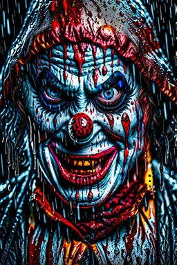 ultra detailed and highly realistic image of a gothic, scary clown, close up of him standing in the rain, the rain messed up his face makeup as it smudged of his face, chaotic, dramatic upclose view, 32k, splatter paint style