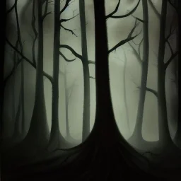 terrifying painting of dark wood forest shadow, horror art