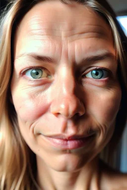 A selfie of a woman, middle blond hair, showing a 31-year-old European woman. She has brown hair, face without makeup, cute nose, detailed full lips, skin texture. Natural lighting and low contrast. Face framed.