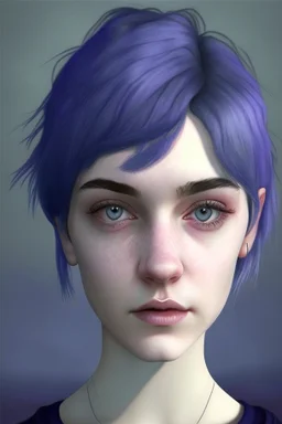 Realistic female teenager with pale skin, big grey eyes, blue and purple short hair, angular facial features, round face, prominent collarbones, black clothing