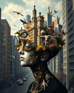 Masterpiece of Art - Beautiful The Vulnicura kafkaesque headpieces Winning Award Photography Art,Surreal blend head pretty of urban city buildings and natural elements, defying the laws of physics