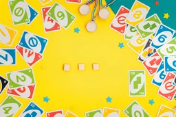 Create a vibrant and engaging image for Uno cards themed slides. Include iconic Uno card elements such as colorful numbers (0-9) and action cards (Skip, Reverse, Draw Two, Wild). Use a balanced composition and vibrant color palette to make the image visually appealing for presentation slides.