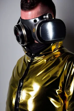 Metallic Cyber-punk style man with a web-camera-mask and old AKG-style headphones with golden rings. Large fencing mask covers man's cheeks. Man in good body shape. Reflective plastic body jacket full-coverage. Body and head full of integrated old-fashioned cameras and an old telephone. Silvery black latex surfaces body. Perfect body. Euclidean 3D-tiling, Escher tiling, background. Cables in head. Daft Punk 1996. Matrix black leather jacket with a Hood.