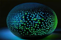 beautiful composition, black spheres with holes, woven of thin black wire, the entire surface of the sphere is filled with symmetrically arranged round holes, from the inside of the sphere a bioluminescent blue-green (sometimes blue, sometimes green) light is emitted, projecting coloured round spots onto the whole background and the whole horizontal base where the sphere is placed. S<AI