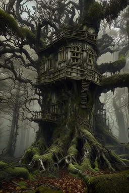 a scary one tall tree without leaves with small tree house in the top of it . its skin is covered in moss and lichen, allowing it to blend seamlessly into its surroundings. Forest Spirits feed on the energy of trees and can create thick fog to confuse their victims.